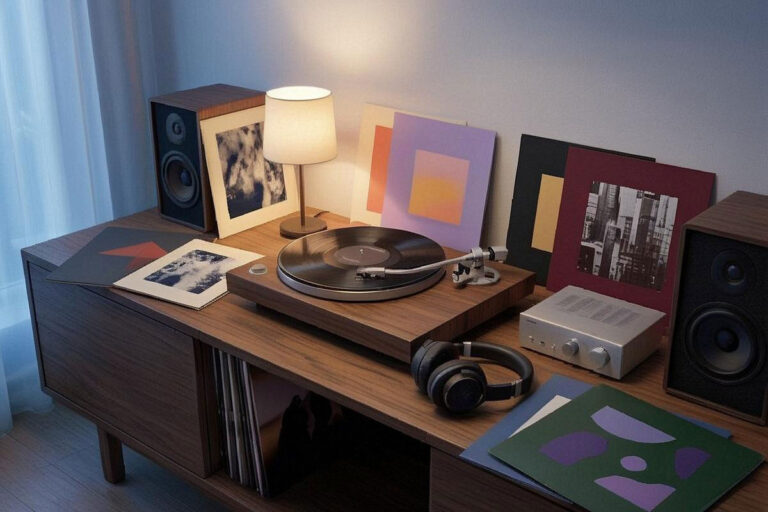 Albums musicaux cultes représentés autour d’une platine vinyle et d’un casque audio