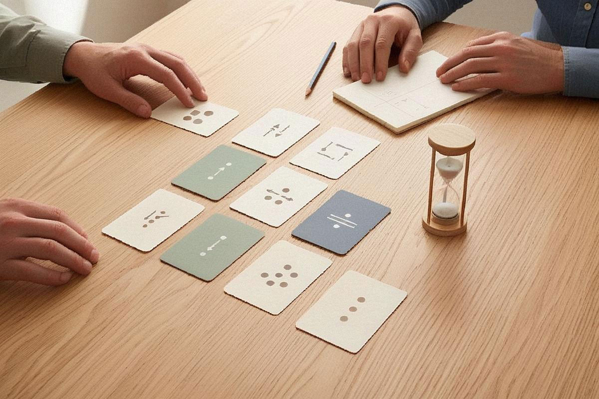 Énigmes avec réponses présentées sur des cartes avec sablier et carnet de scores