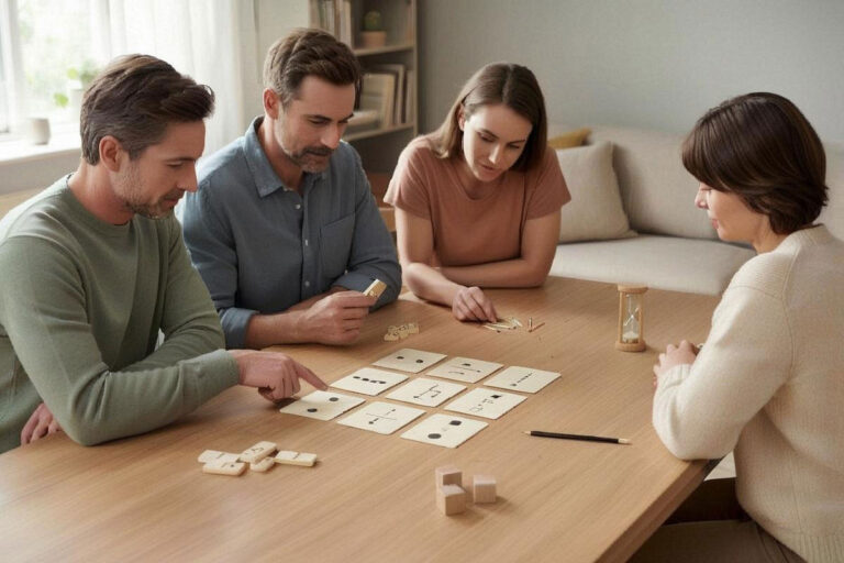 Jeux de logique avec cartes, dominos et défis de réflexion autour d’une table
