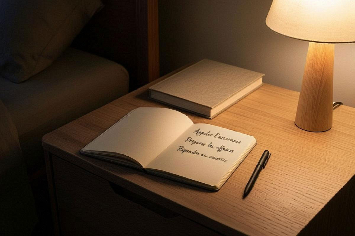Carnet ouvert sur une table de chevet avec trois tâches courtes écrites au stylo, lampe chaude et livre à proximité, dans une ambiance calme sans ordinateur