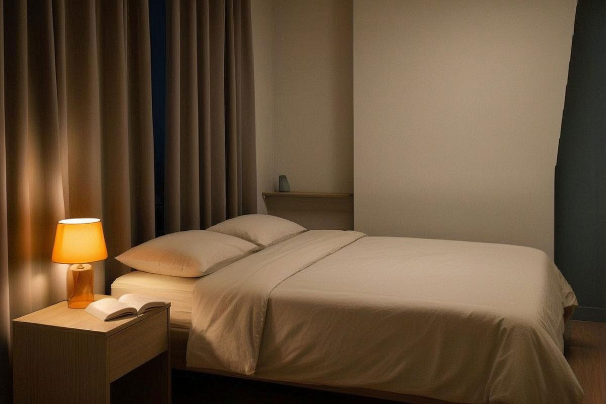 Chambre calme vers 22 heures avec lampe de chevet ambrée, livre ouvert, draps simples et smartphone laissé hors du lit pour illustrer une routine du soir réaliste