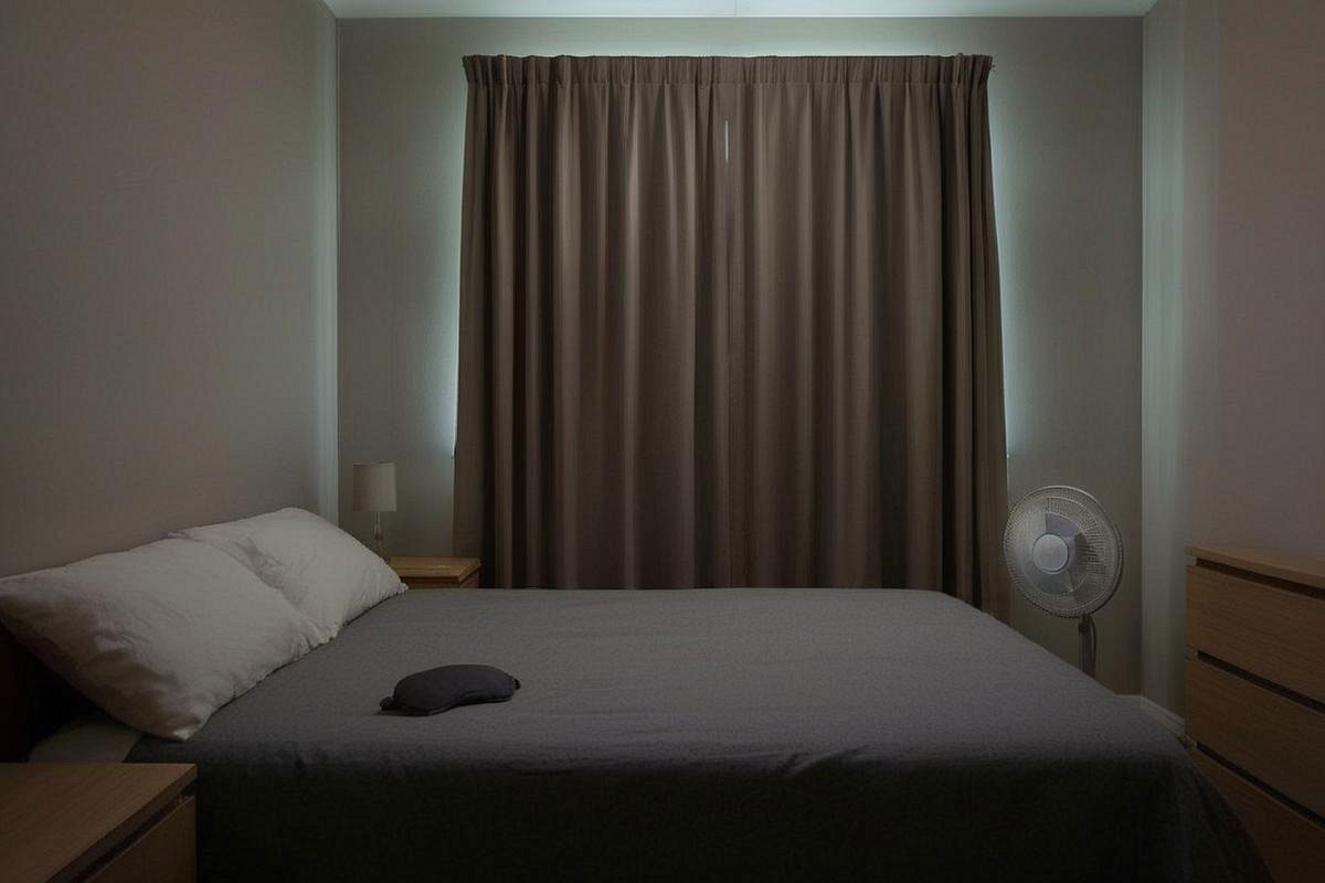 Chambre en journée avec rideaux occultants complètement fermés, ventilateur silencieux et masque de sommeil posé sur le lit pour illustrer les contraintes des horaires décalés
