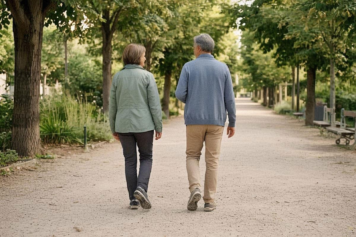 Deux adultes marchant tranquillement sur une promenade arborée, conversation naturelle et allure confortable, illustrant une activité sociale accessible pouvant être répétée régulièrement