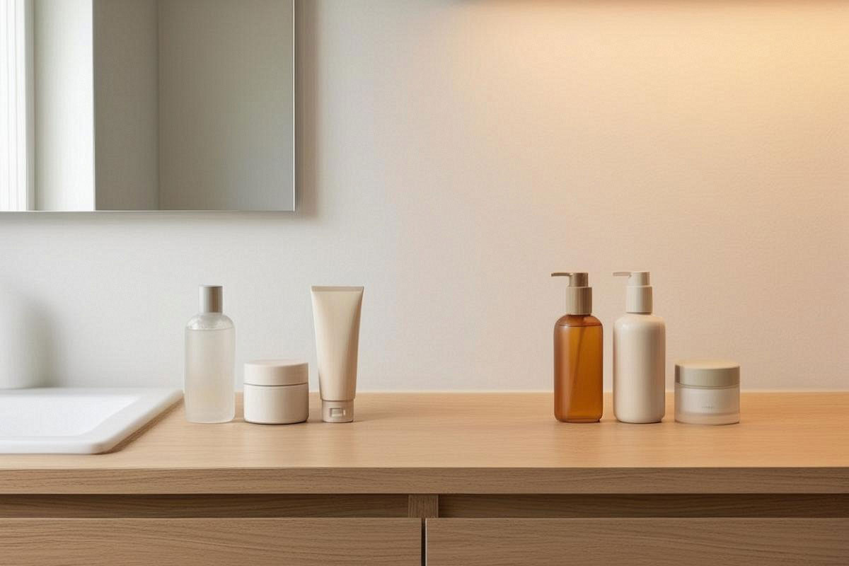 Deux groupes de trois produits étiquetés visuellement matin et soir, montrant une routine visage courte avec nettoyant, hydratant et protection solaire plutôt qu’une longue collection
