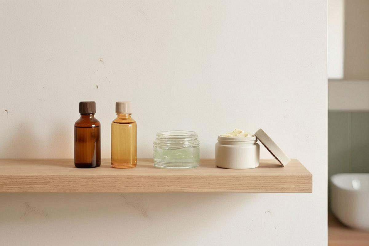 Étagère de salle de bain avec quelques flacons sobres d’huiles végétales, gel d’aloe vera et beurre de karité, illustrant une sélection courte plutôt qu’une accumulation de produits