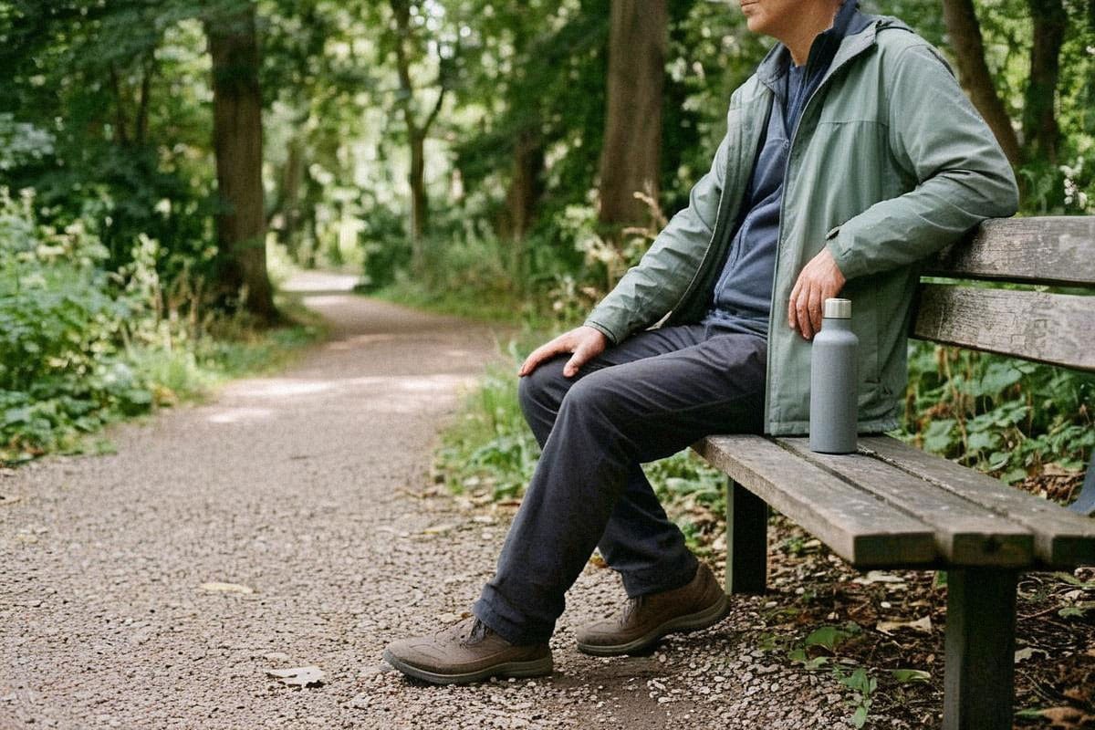 Marcheur adulte effectuant une pause sur un banc dans un parc, bouteille d’eau à proximité et posture détendue, illustrant une activité adaptée plutôt qu’une recherche de performance