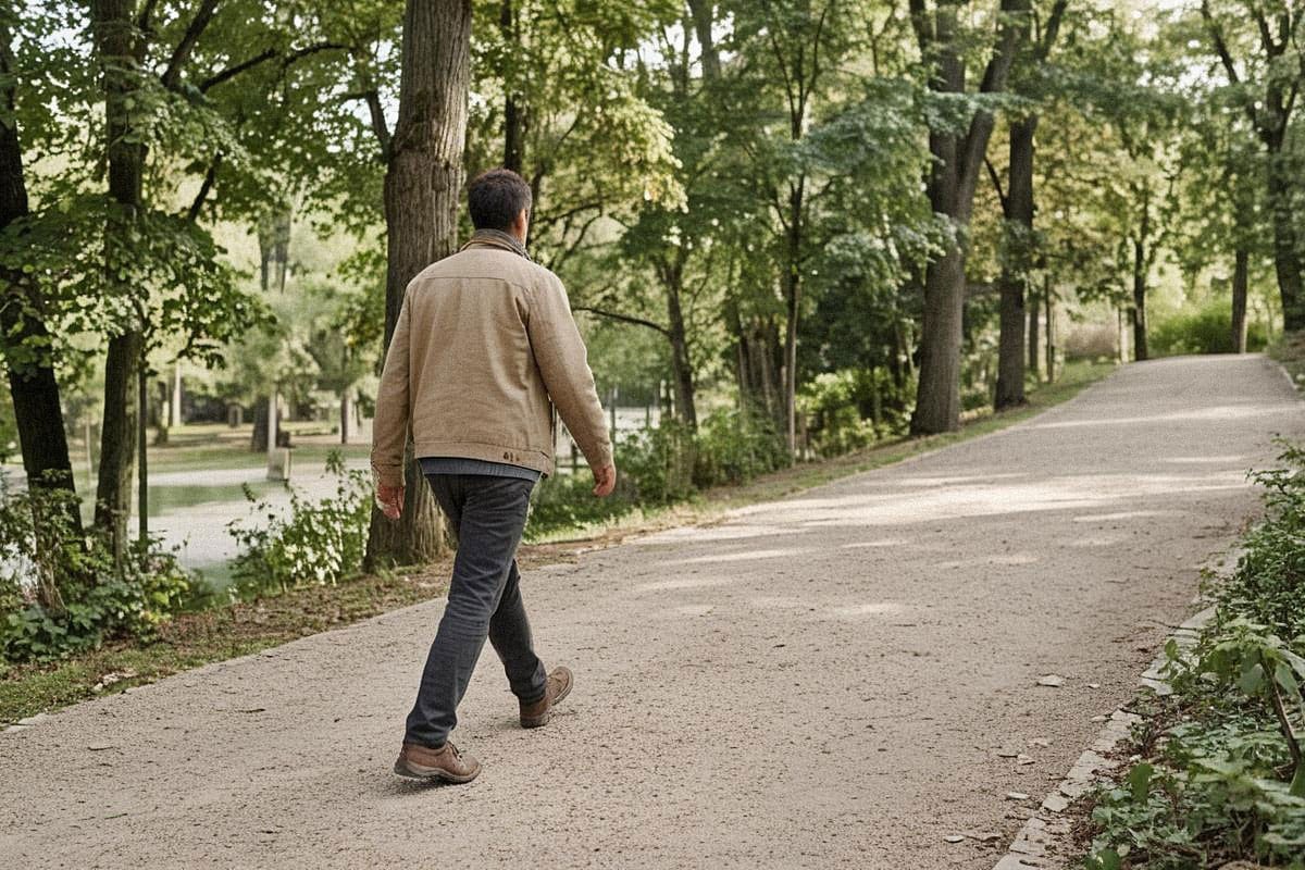 Marcheur progressant sur une pente douce dans un parc, posture droite, bras relâchés et pas naturels, avec chemin régulier adapté à une activité quotidienne modérée