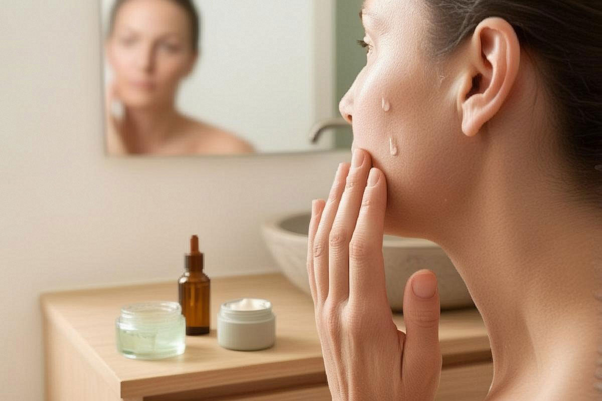 Personne appliquant délicatement deux gouttes d’huile sur une joue devant un miroir, peau naturelle sans maquillage couvrant et routine limitée à quelques produits simples