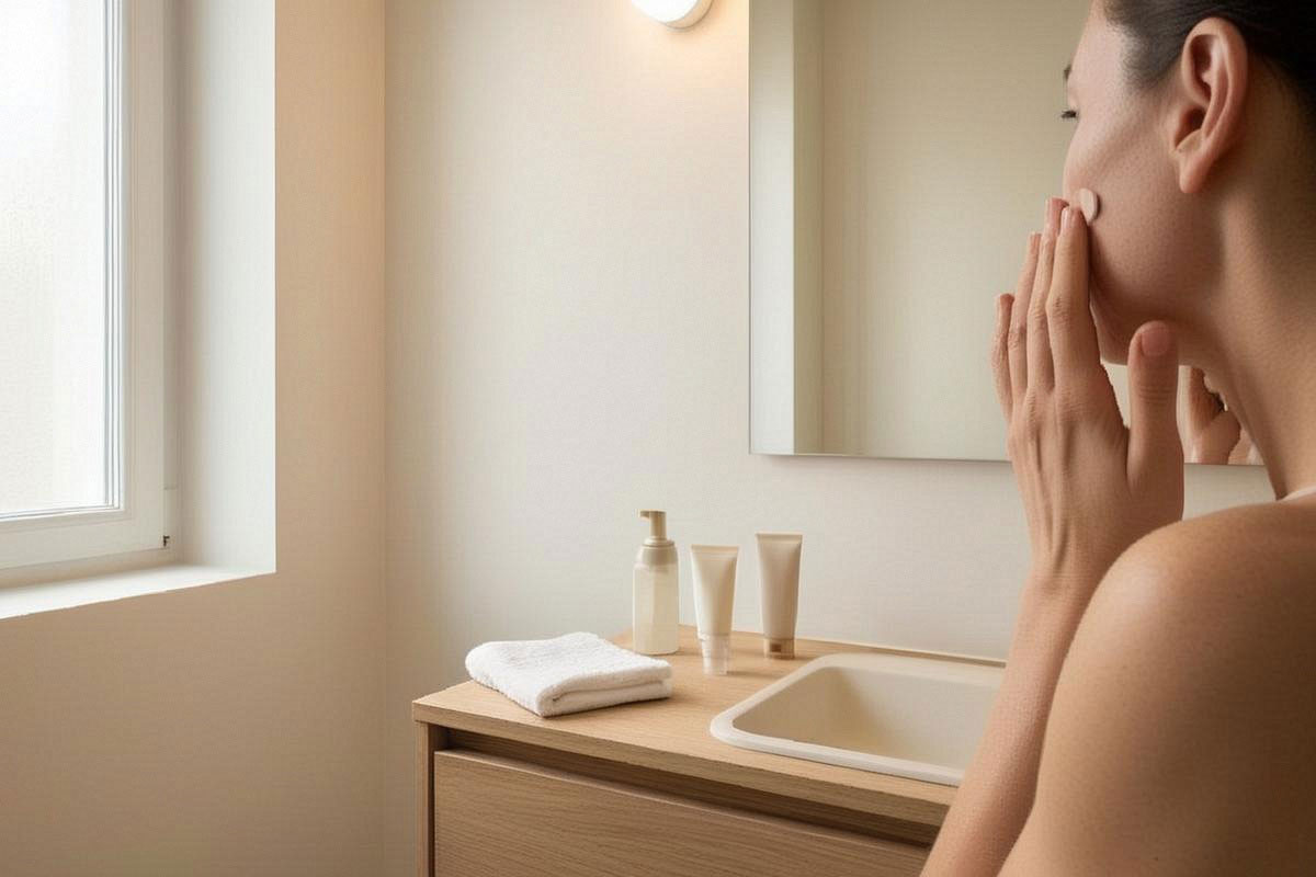 Personne appliquant une petite noisette de crème sur sa joue devant un miroir, avec seulement trois produits visibles sur le lavabo pour illustrer une routine simple et régulière