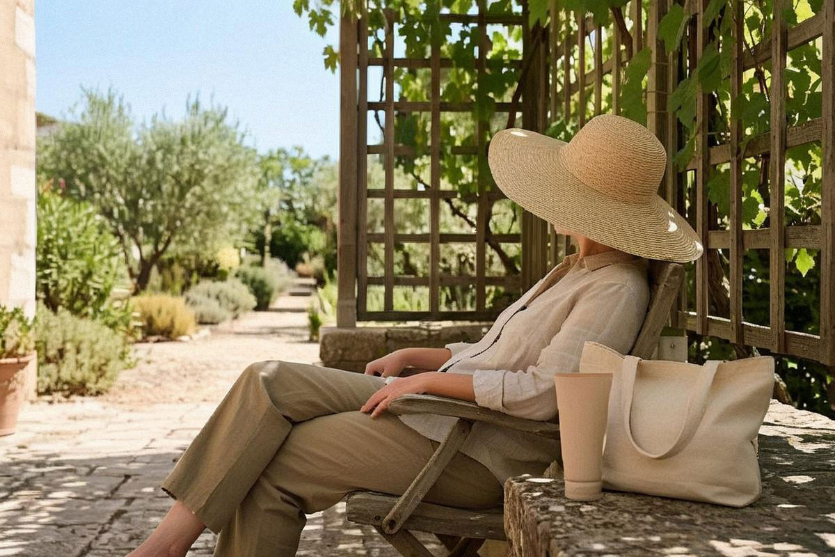 Personne installée à l’ombre avec chapeau large et crème solaire posée près d’un sac, montrant une protection combinant vêtements, ombre et soin adapté