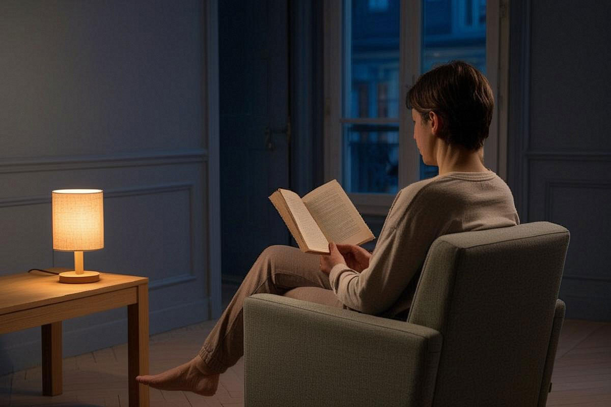 Personne lisant tranquillement dans un fauteuil sous une petite lampe chaude avant de retourner se coucher, montrant une réponse calme à un réveil nocturne prolongé