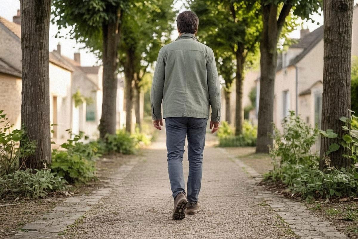 Personne marchant d’un pas naturel sur une allée de quartier pendant une pause quotidienne, vêtements simples et chaussures confortables, sans mise en scène sportive excessive