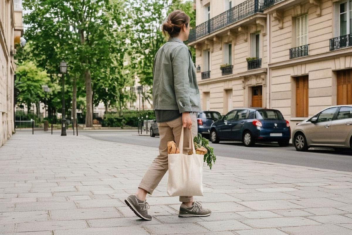 Personne marchant en ville avec petit sac de courses réutilisable, illustrant un trajet quotidien effectué à pied plutôt qu’une séance sportive organisée