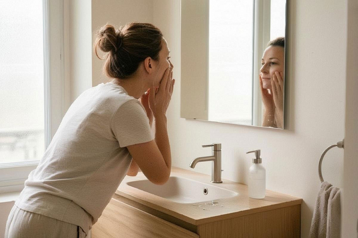 Personne nettoyant doucement son visage au-dessus d’un lavabo, avec une petite quantité de gel dans les mains et eau tiède, sans brosse ni accessoire exfoliant agressif