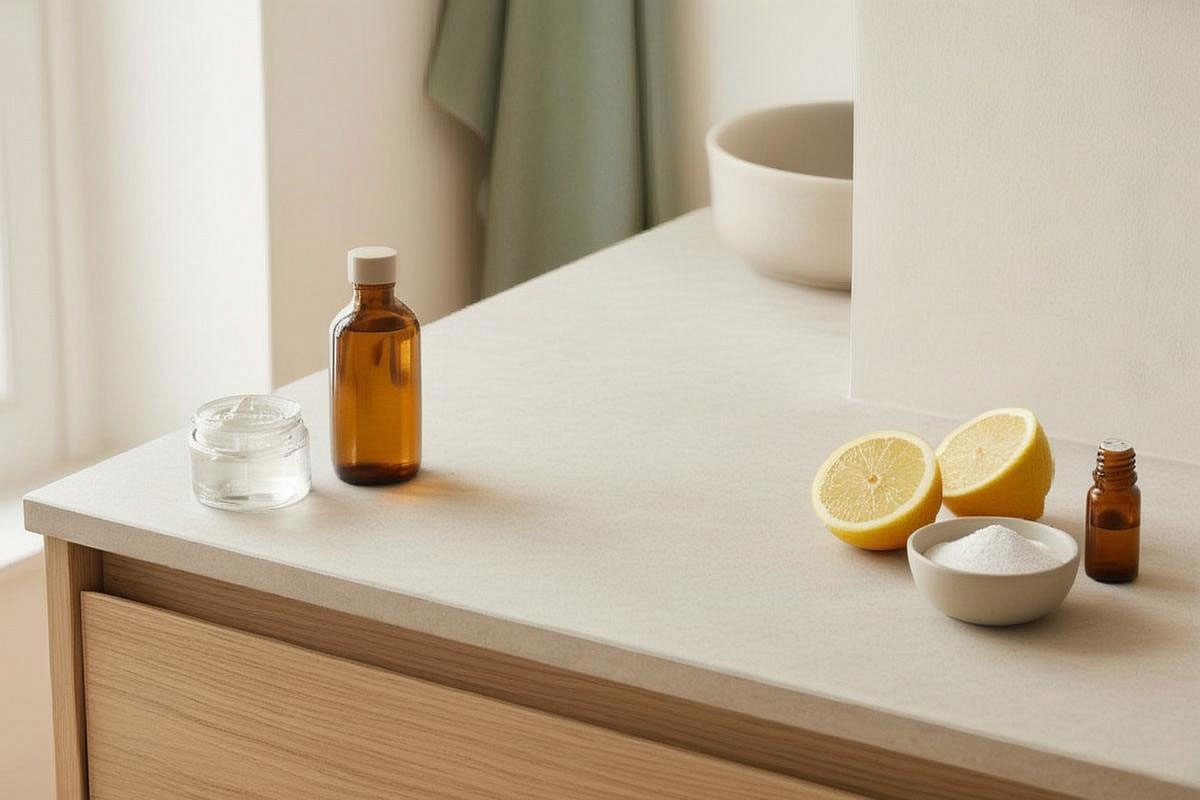 Plan de travail séparant soins doux et ingrédients trop agressifs, avec aloe vera et jojoba d’un côté, citron, bicarbonate et huile essentielle pure laissés de côté