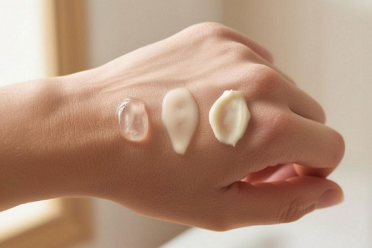Plusieurs textures de soins présentées sur le dos d’une main, avec gel transparent, fluide léger et crème riche permettant de comparer visuellement les options selon le type de peau