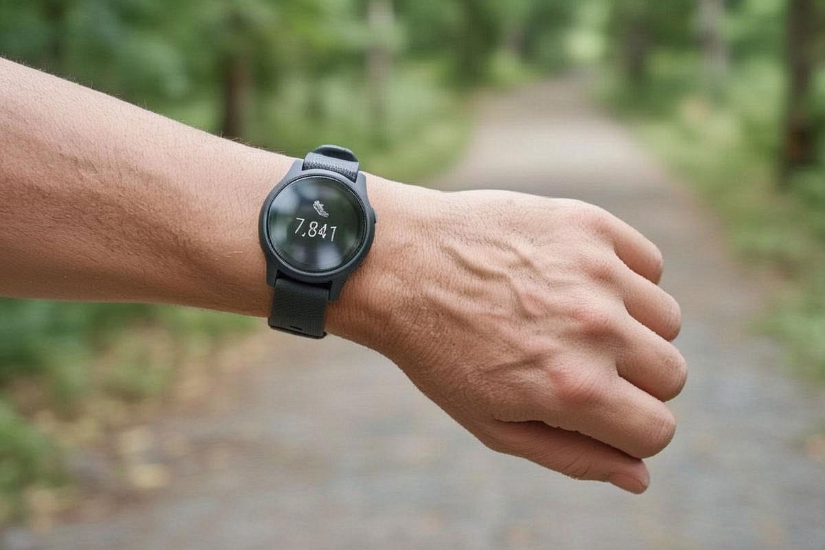 Poignet avec montre affichant un nombre de pas lors d’une promenade, sans objectif spectaculaire, sur fond d’allée piétonne montrant une utilisation simple comme repère
