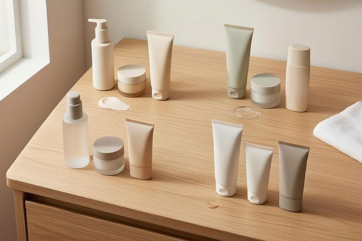 Quatre petites sélections de soins visage disposées sur un meuble clair, avec textures crème, gel et huile différenciées pour symboliser peau sèche, grasse, mixte et sensible