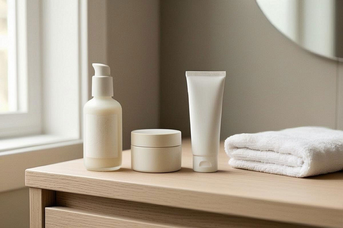 Routine minimaliste pour peau sensible avec seulement trois produits sobres alignés près d’une serviette blanche, illustrant nettoyage, hydratation et protection solaire sans sérums multiples
