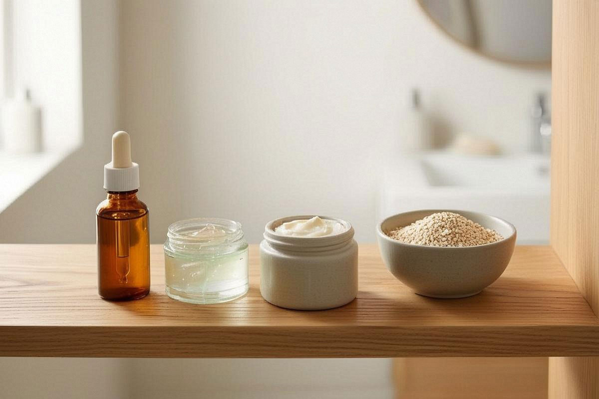 Routine minimaliste sur une étagère de salle de bain avec huile de jojoba, aloe vera, beurre de karité et petit bol d’avoine, dans une ambiance claire et apaisante