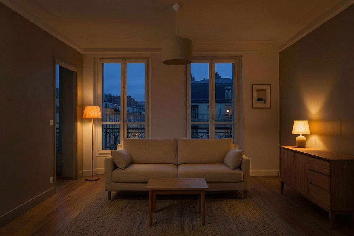 Salon en début de soirée avec plafonnier éteint et deux lampes basses à lumière chaude, montrant une réduction progressive de la luminosité avant le coucher