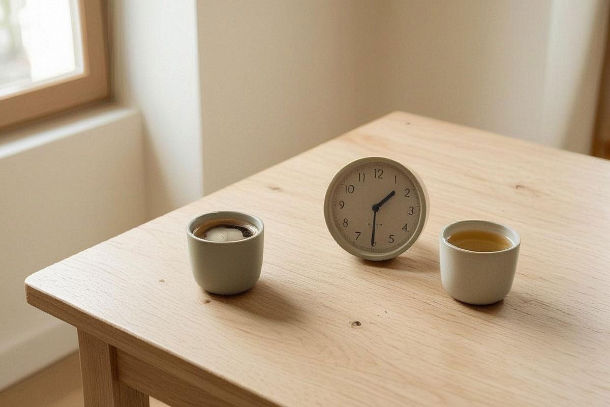 Tasse de café posée sur une table en début d’après-midi avec horloge indiquant 13 h 30, accompagnée d’une tisane prévue pour la soirée