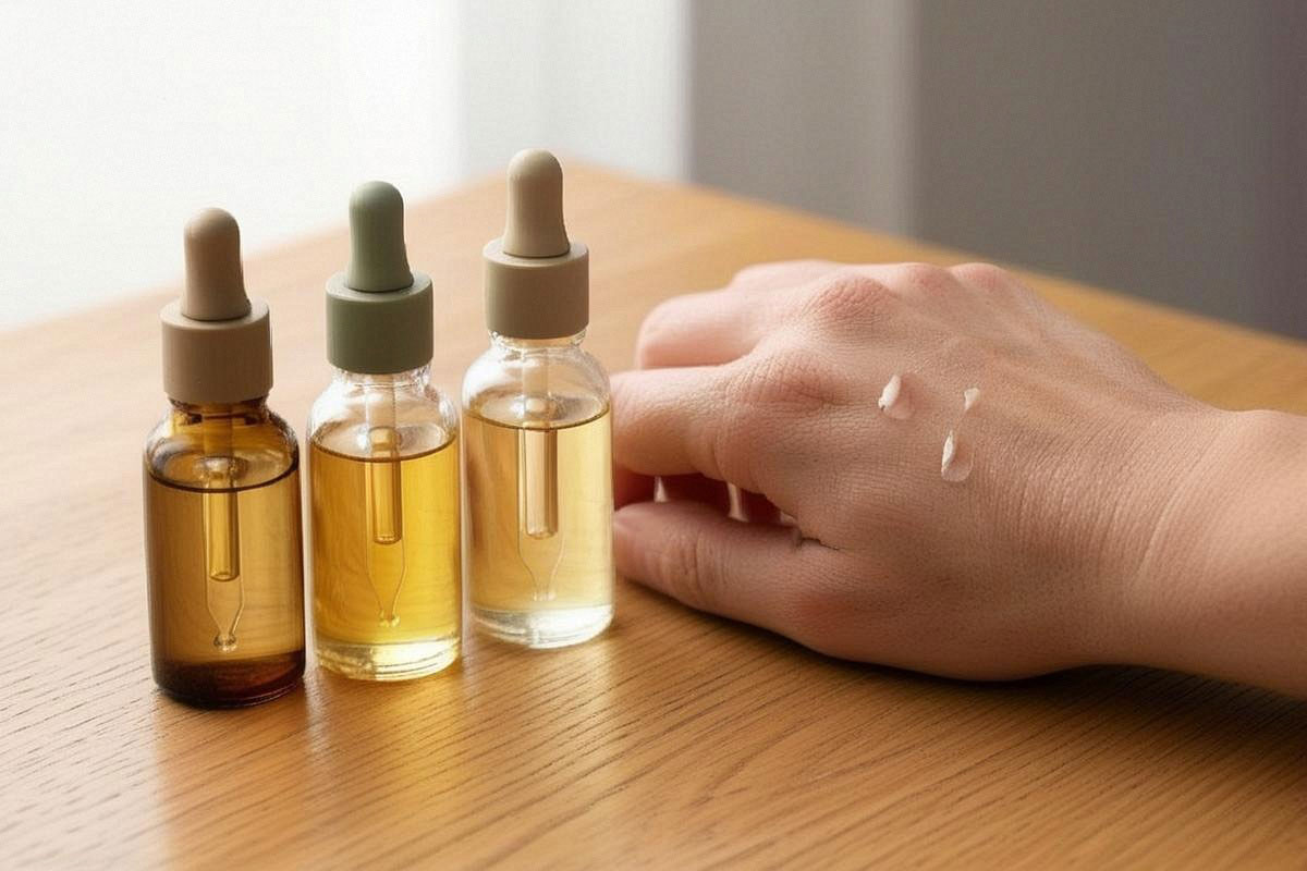Trois petits flacons génériques d’huiles de jojoba, argan et amande douce avec pipette, accompagnés de deux gouttes visibles sur le dos d’une main