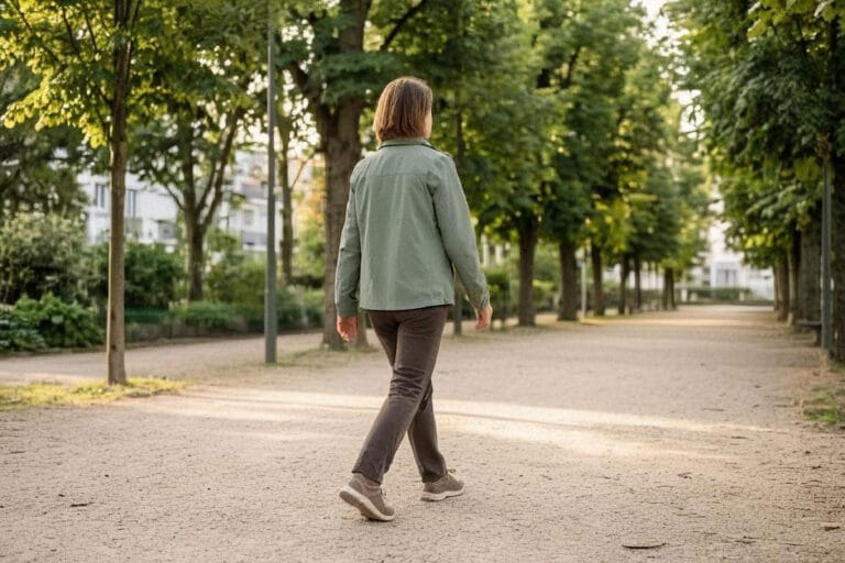 Femme pratiquant la marche quotidienne dans un parc pour entretenir sa forme
