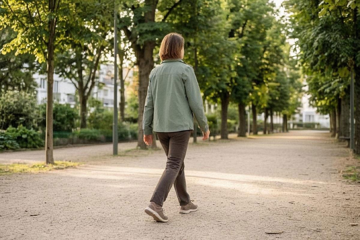 Femme pratiquant la marche quotidienne dans un parc pour entretenir sa forme