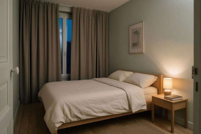 Chambre calme aménagée pour mieux dormir naturellement avec lumière douce et rideaux occultants
