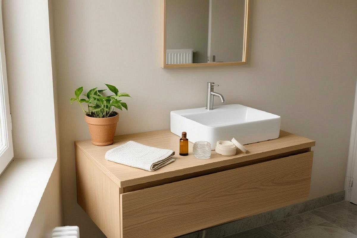 Soins naturels pour la peau avec aloe vera, jojoba et beurre de karité dans une salle de bain