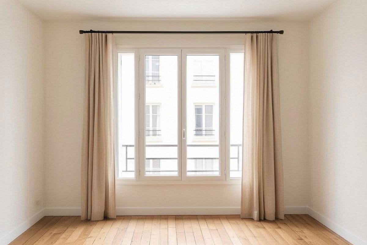 Détail final d’un rideau tombant à environ un centimètre du parquet, avec pli vertical régulier et tringle visible en hauteur pour illustrer les proportions correctes
