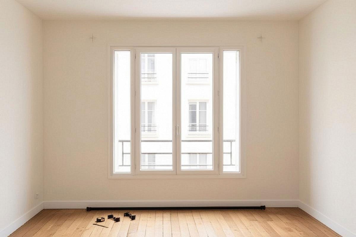 Grande fenêtre avant pose avec tringle, mètre ruban et repères discrets au crayon montrant une installation prévue plus large et plus haute que l’encadrement