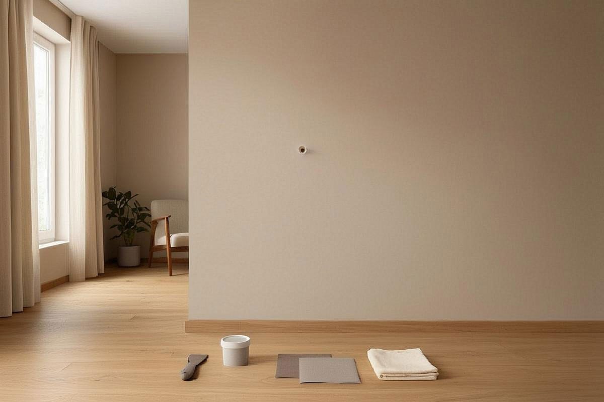 Petit trou de cheville dans un mur blanc avec spatule, enduit, papier abrasif et chiffon posés à proximité, scène lumineuse montrant clairement le défaut avant réparation