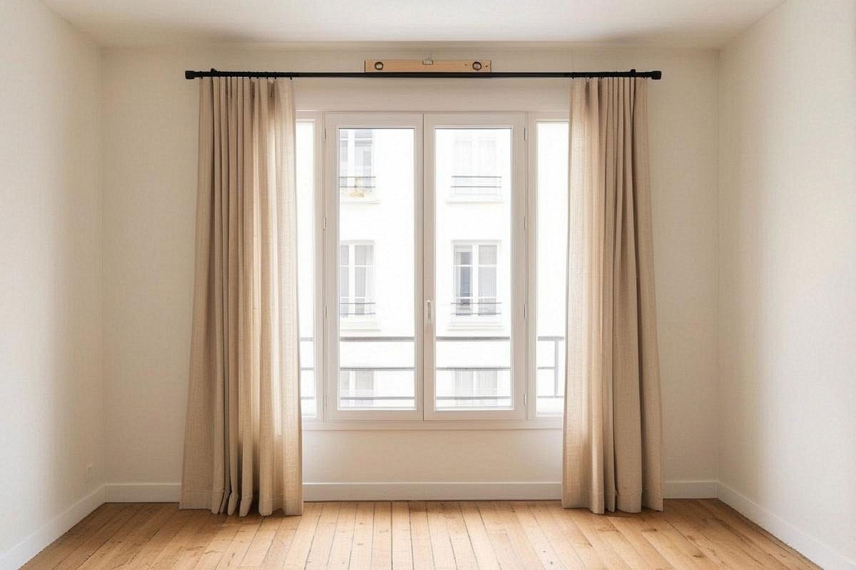 Tringle noire terminée avec rideaux en lin beige ouverts de chaque côté d’une fenêtre, niveau à bulle posé brièvement sur la barre pour contrôler l’horizontalité finale