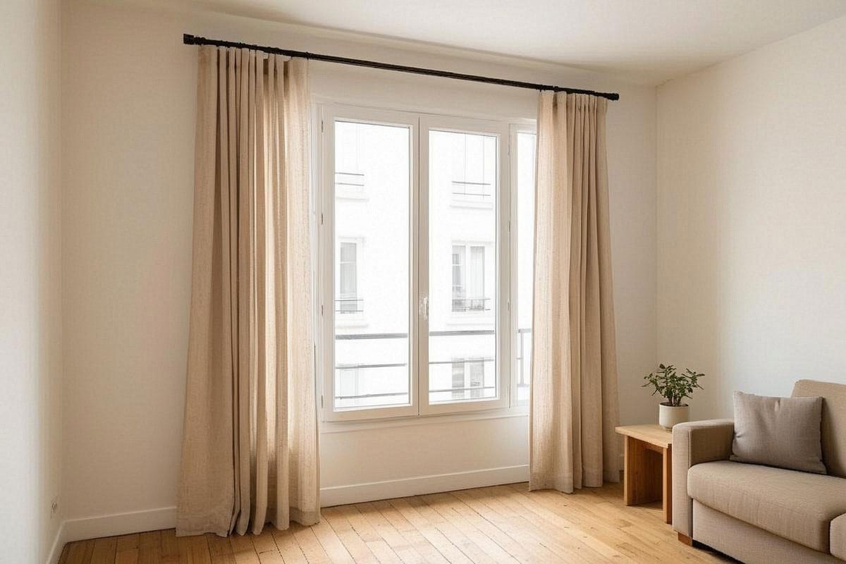 Fenêtre avec tringle à rideaux noire parfaitement posée au-dessus de rideaux en lin