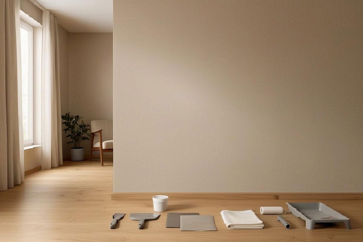 Mur beige parfaitement réparé dans un salon lumineux, avec outils de rebouchage posés au premier plan et légère zone de travail encore visible avant la dernière couche de peinture.