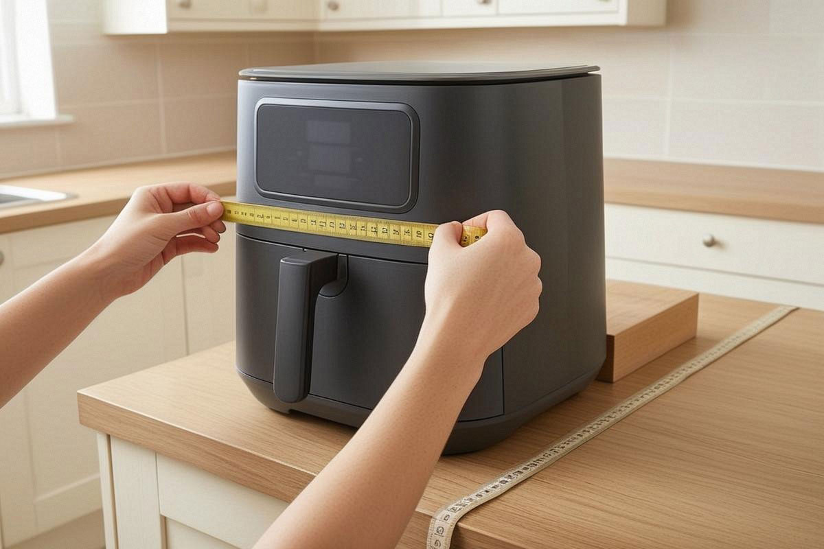 Air Fryer mesuré sur un plan de travail avec un mètre ruban, montrant sa largeur, sa profondeur et l’espace de ventilation laissé derrière