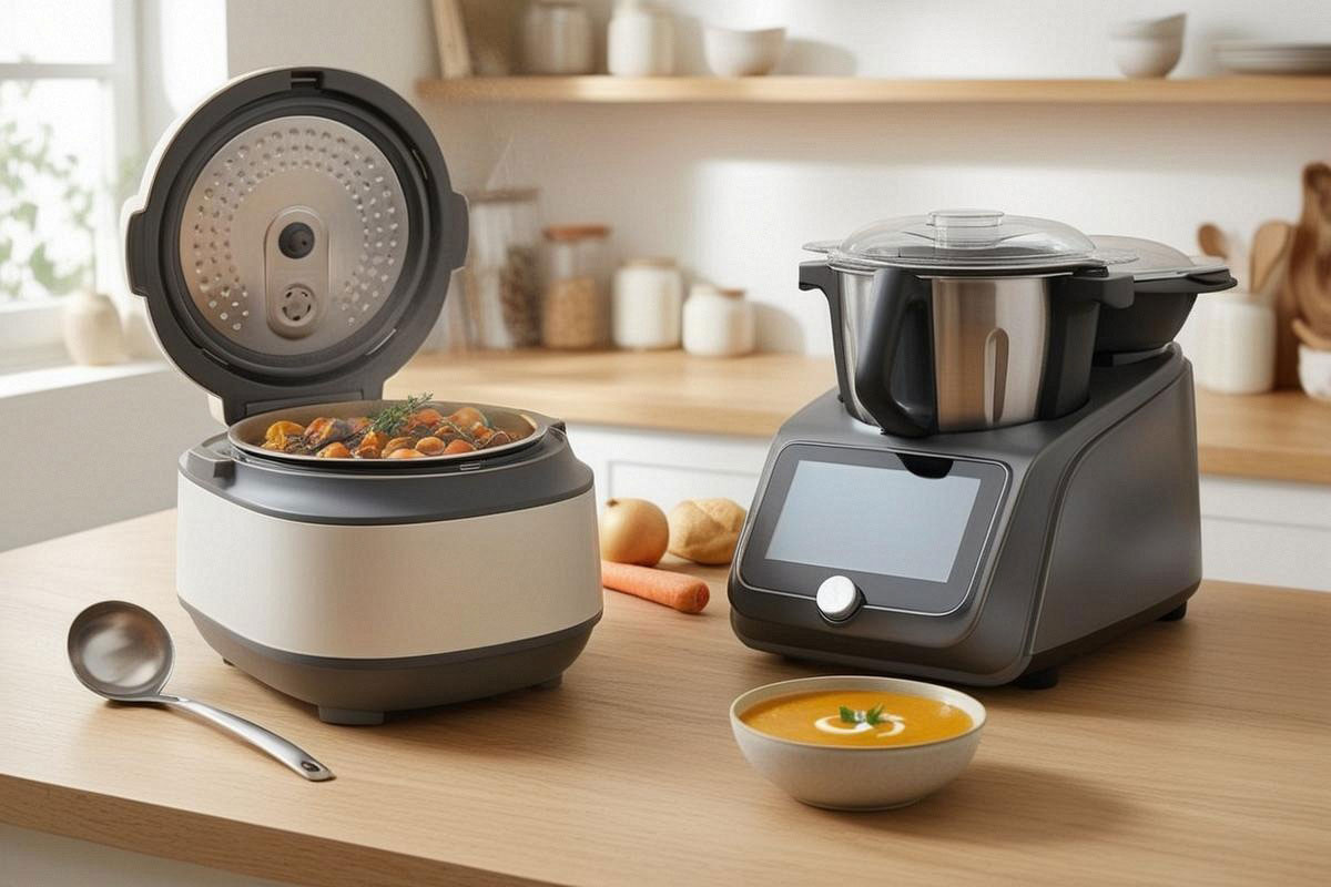 à gauche, un multicuiseur préparant un ragoût avec viande, carottes et pommes de terre ; à droite, un robot cuiseur mixant une soupe veloutée orange