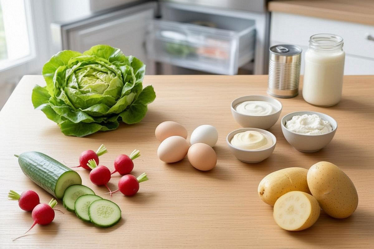 assortiment d’aliments supportant mal la congélation sur une table claire, avec salade, concombre, radis, œufs en coquille, mayonnaise, crème, pommes de terre crues et fromage frais