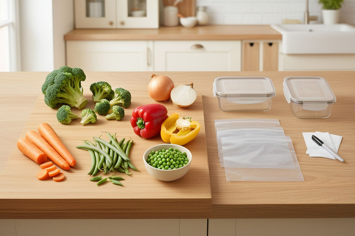 assortiment de légumes frais préparés pour la congélation sur un plan de travail clair, avec brocoli, carottes, haricots verts, petits pois, poivrons, sachets de congélation et boîtes hermétiques