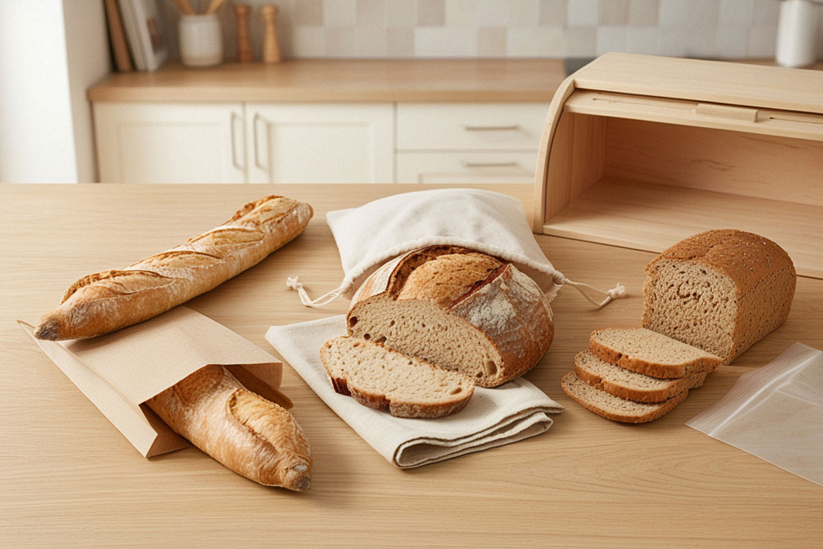 assortiment de pains frais comprenant une baguette, un pain de campagne et un pain complet, disposés sur une table en bois avec un sac en papier, un sac en tissu et une boîte à pain