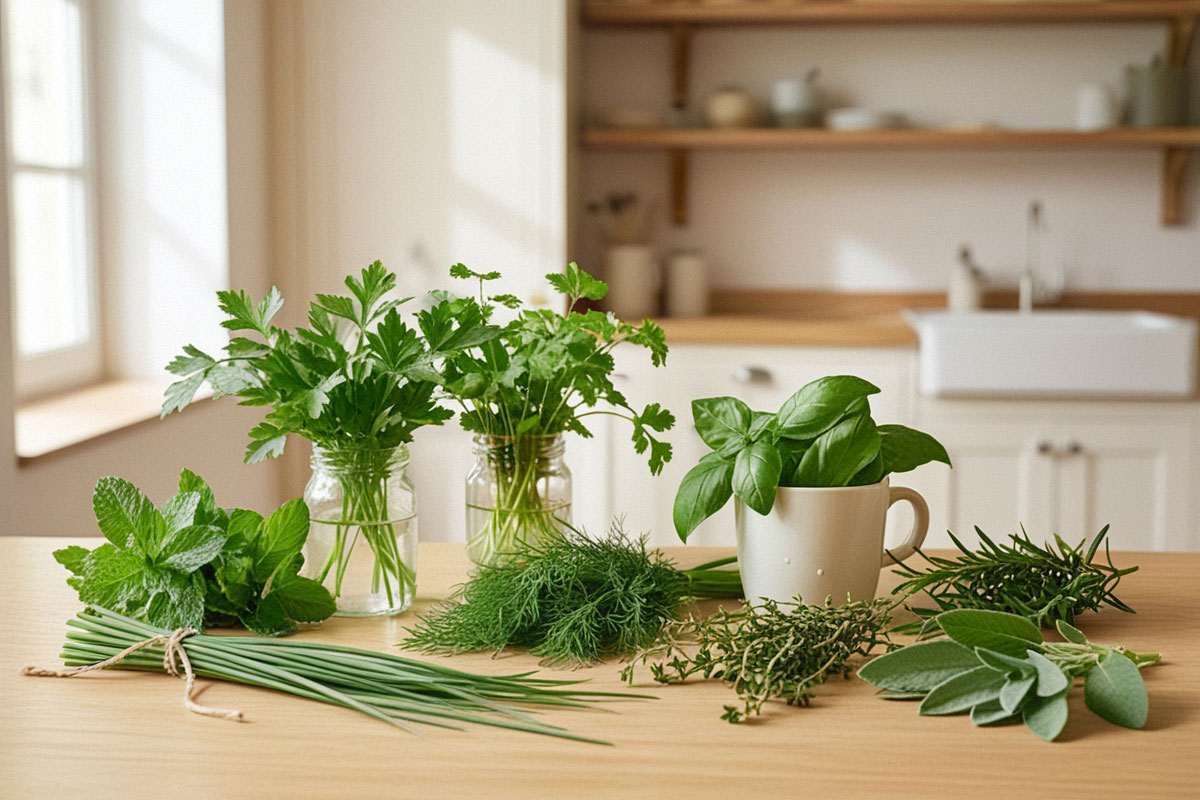 assortiment de persil, basilic, coriandre, menthe, ciboulette, thym et romarin frais disposés sur un plan de travail en bois clair dans une cuisine lumineuse.