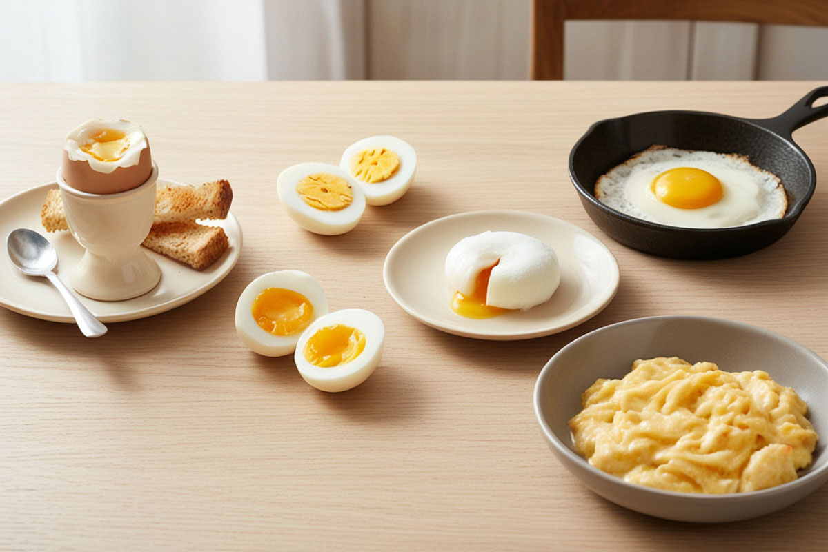 assortiment de préparations à base d’œufs présenté sur une table claire : œuf à la coque, œuf mollet, œuf dur, œuf poché, œuf au plat et œufs brouillés.