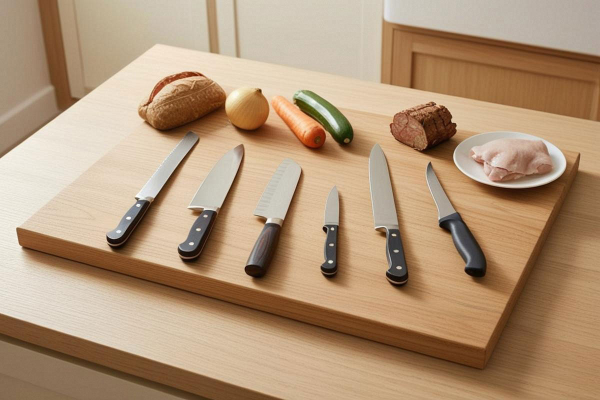 assortiment organisé de couteaux de cuisine sur une planche en bois clair : couteau de chef, santoku, couteau d’office, couteau à pain, couteau à désosser et couteau tranchelard