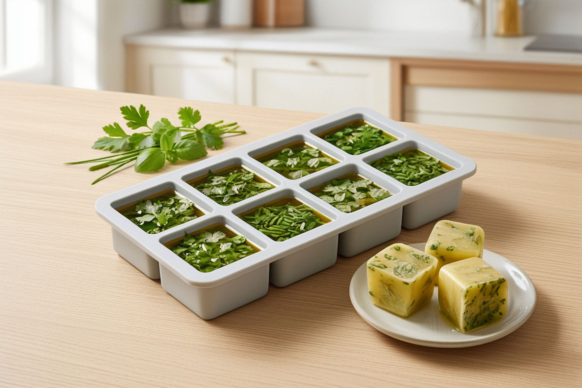 bac à glaçons rempli de persil, basilic, coriandre et ciboulette hachés recouverts d’huile d’olive, avec quelques cubes déjà congelés à côté.