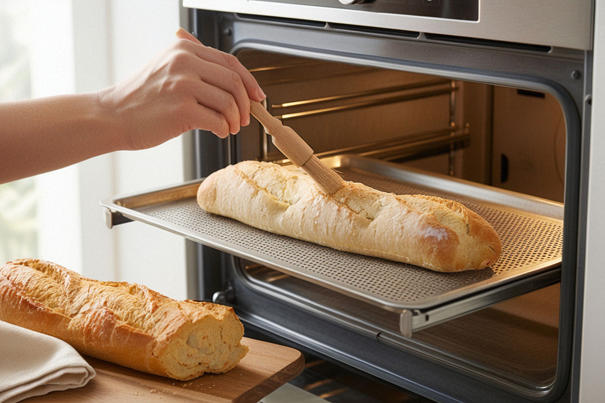 baguette légèrement humidifiée puis réchauffée sur une grille de four, avec une croûte redevenue dorée et croustillante.
