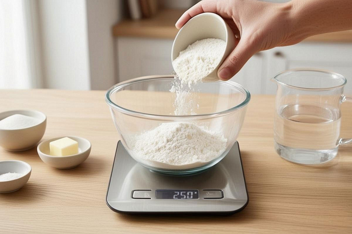 balance numérique avec un saladier posé dessus, farine versée progressivement, accompagnée d’un verre doseur et de petites coupelles d’ingrédients.