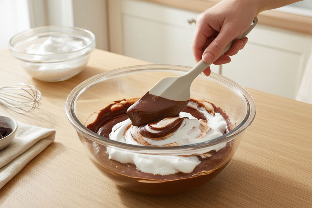 blancs en neige incorporés délicatement à une préparation au chocolat avec une spatule, grâce à un mouvement du fond vers le haut