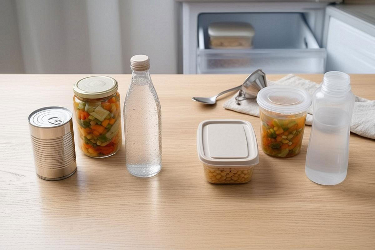 boîte de conserve et bocal en verre fermés placés à l’extérieur d’un congélateur, à côté de contenants ouverts et adaptés dans lesquels leur contenu a été transféré